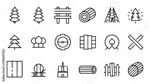 Twenty thin white line icons showcasing finished wood products and furniture pieces organized in a grid on a solid black background.