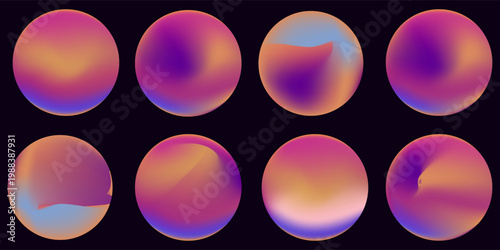 Set of glowing glass spheres filled with warm sunset inspired gradients blending orange purple and pink tones. Luminous spheres illuminated with glowing sunset gradients for creative projects. Vector