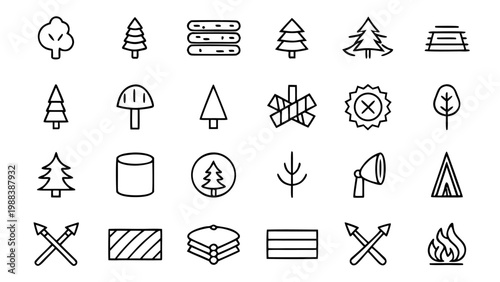 Eighteen white linear vector icons depicting wood processing and carpentry tools arranged in a grid layout on a solid black background.