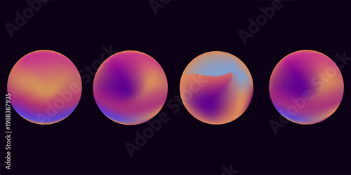 Set of glowing glass spheres filled with warm sunset inspired gradients blending orange purple and pink tones. Luminous spheres illuminated with glowing sunset gradients for creative projects. Vector