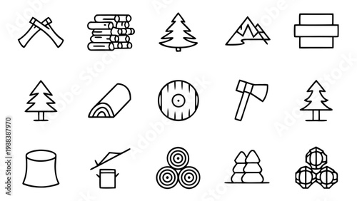 White linear icons featuring woodworking tools and timber elements are neatly arranged in a grid pattern against a solid black background.