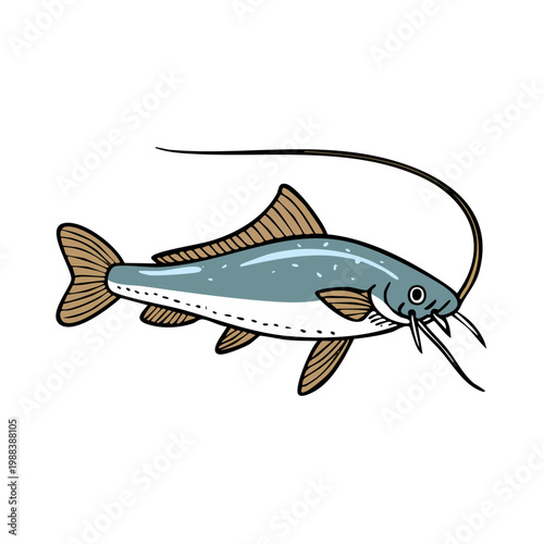 Cartoon illustration of a blue catfish with long barbels and tail fin on a white background