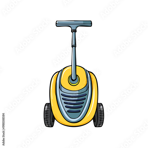 Yellow cartoon upright vacuum cleaner with gray handle and wheels isolated on white background