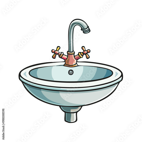 Classic bathroom basin with vintage style taps and a curved faucet illustration