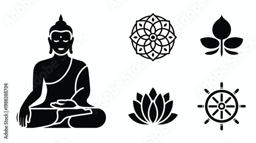 Modern flat design icons featuring a meditating figure lotus flower wheel symbol leaf and mandala pattern on clean white background