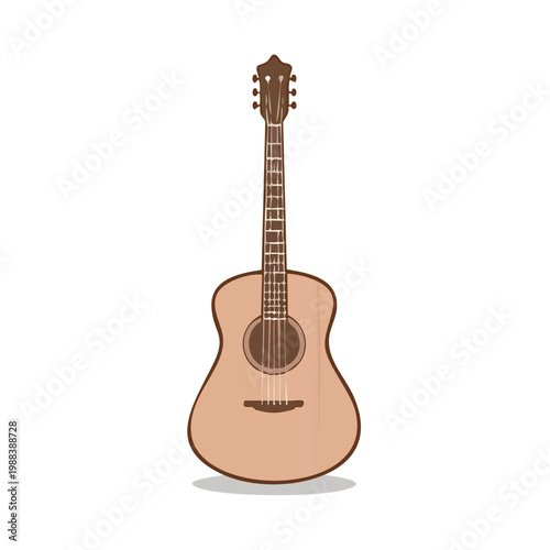 Acoustic guitar with six strings and wooden body isolated on a white background