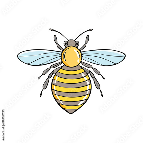 Detailed cartoon illustration of a plump bee with yellow and gray stripes and translucent wings