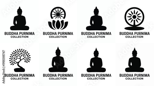 Minimalist buddha purnima collection logos featuring buddha figures lotus dharma wheel and tree symbols for spiritual celebrations