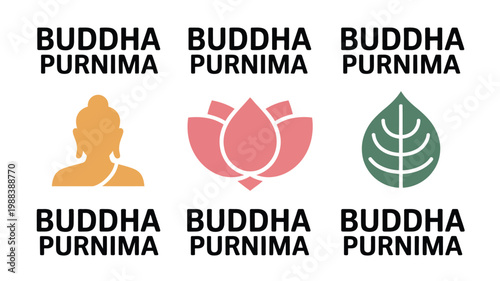 Minimalist logo set for buddha purnima with abstract symbols of buddha lotus leaf and text in bold modern design