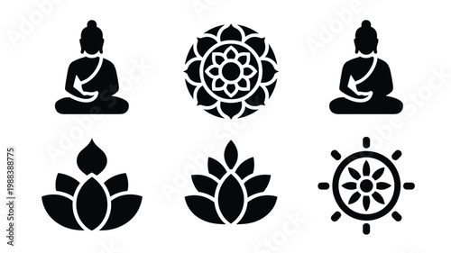 Modern flat design icons featuring meditative buddha figures intricate lotus flowers and symbolic dharma wheels in minimalist black and white style