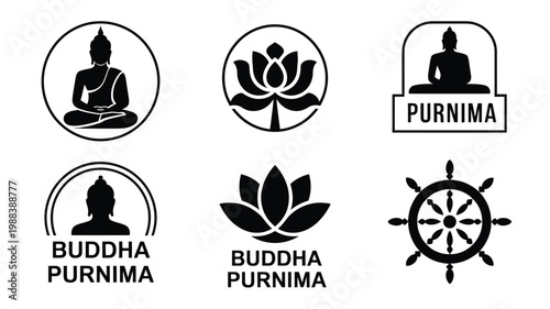 Black and white buddhist symbols logo pack featuring buddha lotus flower and dharma wheel icons in minimalist design style