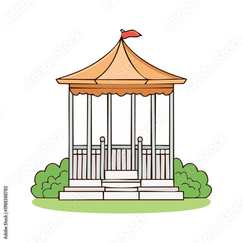 Charming Outdoor Gazebo with Red Flag and Green Foliage Illustration