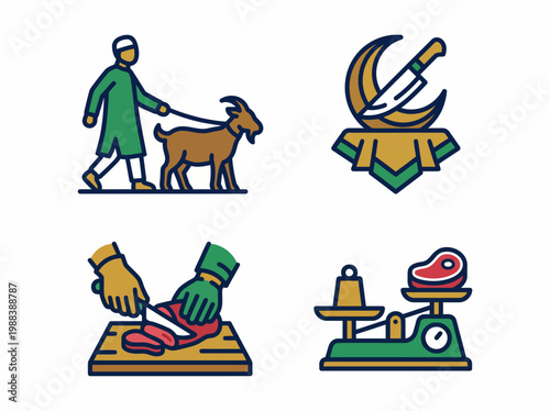 An illustration depicting a man leading a goat and various scenes of butchery and meat preparation