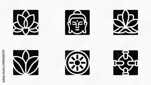 Minimalist svg logo bundle featuring stylized lotus flowers serene buddha face dharma wheel and abstract cross like designs