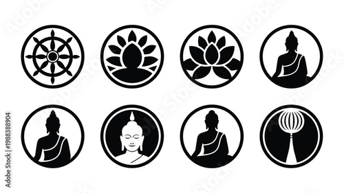 Minimalist buddhist symbols and figures in circular frames black silhouettes spiritual icons for meditation and mindfulness clean design style