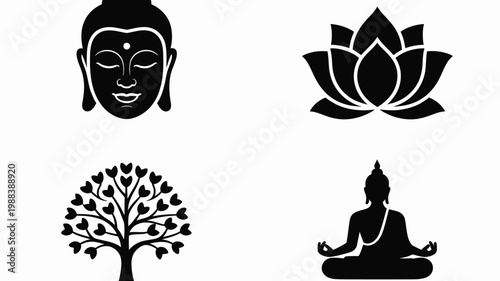 Minimal black and white vector icons of buddha lotus tree and meditating figure for spirituality and mindfulness