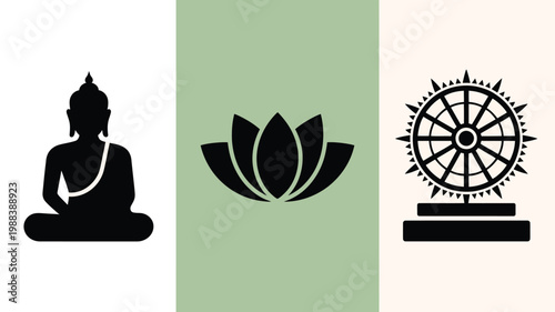 Minimalist buddha purnima symbols featuring black silhouettes of buddha lotus and dharma wheel on green background