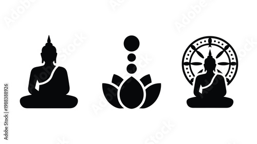 Minimalist buddha purnima logo icon set featuring meditative buddha lotus flower and circular mandala symbol in black and white design