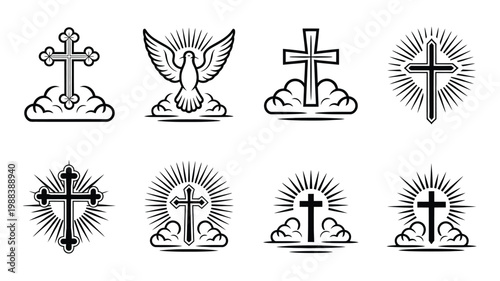 Vintage cross and dove symbols with radiant light rays and cloud motifs in monochrome style religious icons for spiritual faith and church themes