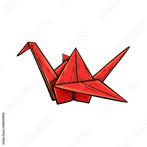 A red origami paper crane illustration with a hand drawn artistic style and white background