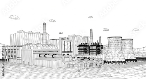 Industrial power plant complex with smokestacks and structures.