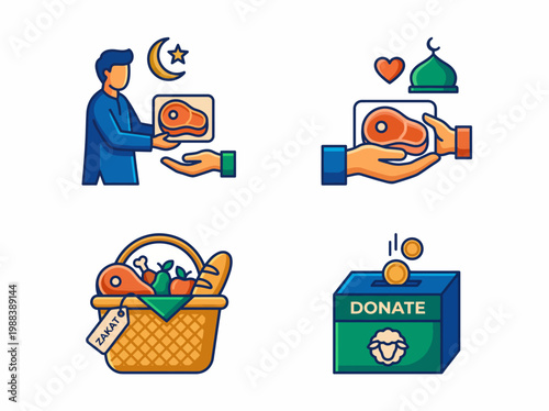 A colorful illustration of people donating food and money for charity