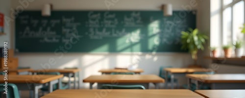 a modern education banner with blurred classroom background and soft lighting, minimal layout with large copy space