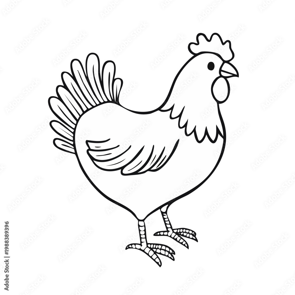 Fototapeta premium Simple Line Art Illustration of a Chicken Standing Side View in Black and White