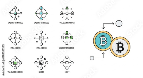 Digital Cryptocurrency Bitcoin Network Blockchain Technology Icons.