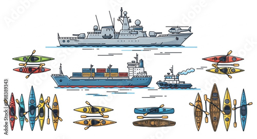 Collection of Naval Ships and Kayaks Illustration.