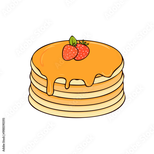 Stack of fluffy pancakes drizzled with golden syrup and topped with fresh strawberries and mint leaf
