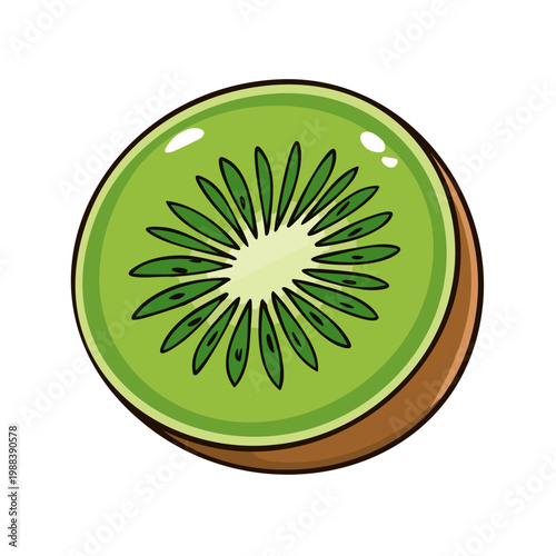 Vibrant cartoon illustration of a sliced kiwi fruit with green flesh and seeds