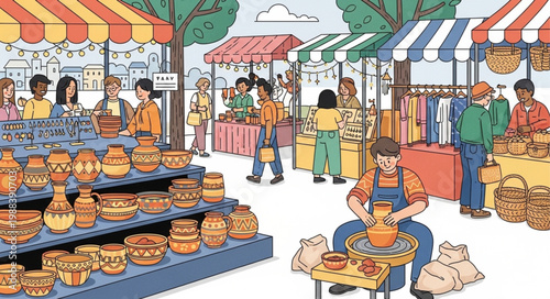 Outdoor Market Scene with Pottery and Crafts.