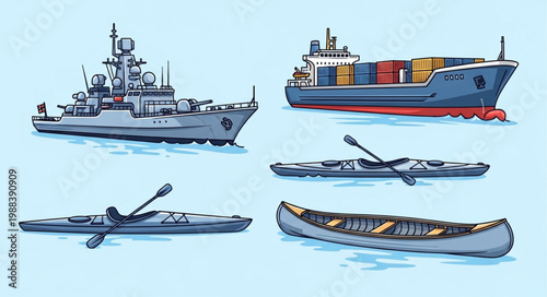 Collection of various watercraft including a warship cargo ship and kayaks.