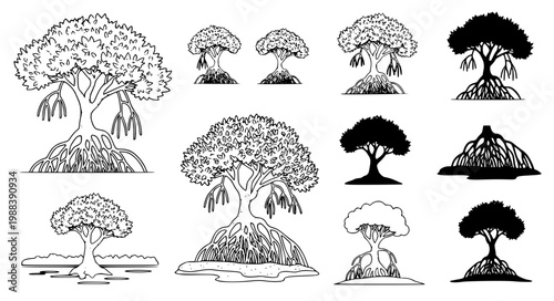 Mangrove Tree Black and White Icon Set Coastal Ecology Silhouette Vector Collection