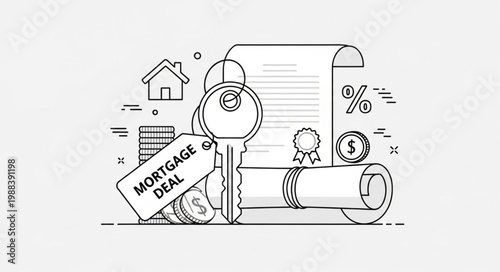 Mortgage Deal Document with Key and Coins.