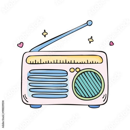 Retro portable radio with antenna and sparkling musical notes and hearts