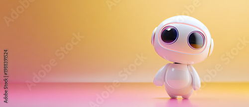 Adorable white robot with large glossy eyes stands on a vibrant yellow and pink gradient background, ideal for tech, AI, and innovation themes.