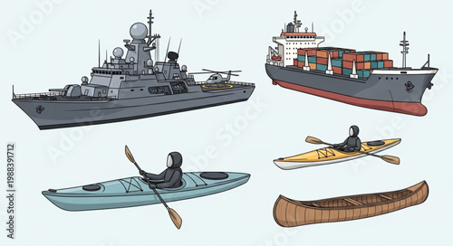 Collection of Watercraft Including a Warship Cargo Ship Kayaks and Canoe.