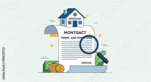 Mortgage document with magnifying glass and money.