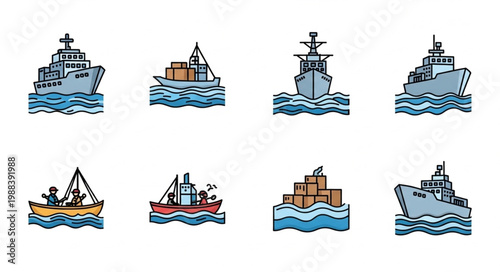 Collection of various ship and boat icons on water.