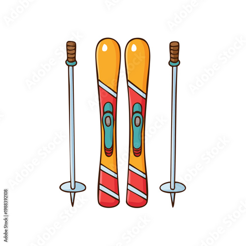 Vibrant cartoon illustration of skis and poles in red and yellow colors ready for winter sports