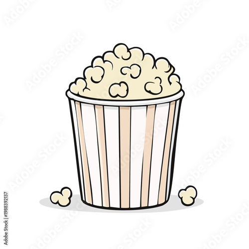 Cartoony bucket of fresh popcorn snacks with scattered kernels perfect for movie night or cinema