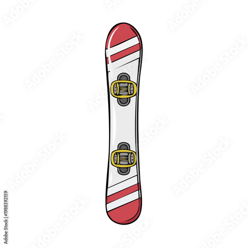Red and white striped snowboard with golden bindings isolated illustration