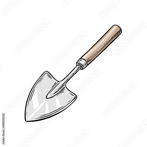 Hand Drawn Illustration of a Gardening Trowel with Wooden Handle