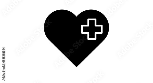Black Medical Heart Icon with Plus Symbol