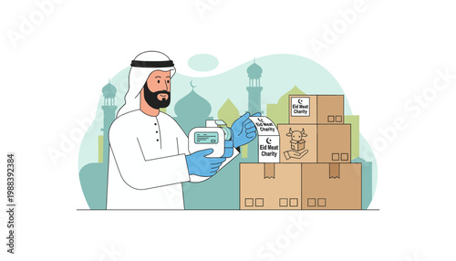 Muslim man in traditional white thobe packing eid meat charity boxes with printed labels in front of mosque silhouettes arab person volunteering for food distribution during islamic holy month.
