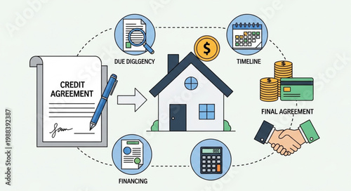 Mortgage Process Flowchart with House and Credit Agreement.