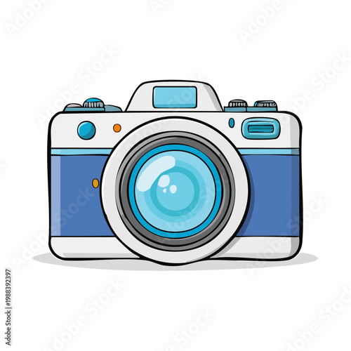 Vibrant cartoon illustration of a classic blue and white camera with a large lens for photography and creative inspiration