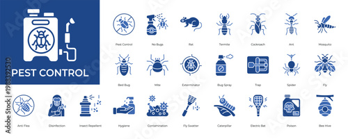 Pest Control Icon set Collection in Glyph Two Color Style. insecticide, hygiene, bugs, rat, termite, pesticide, animal
